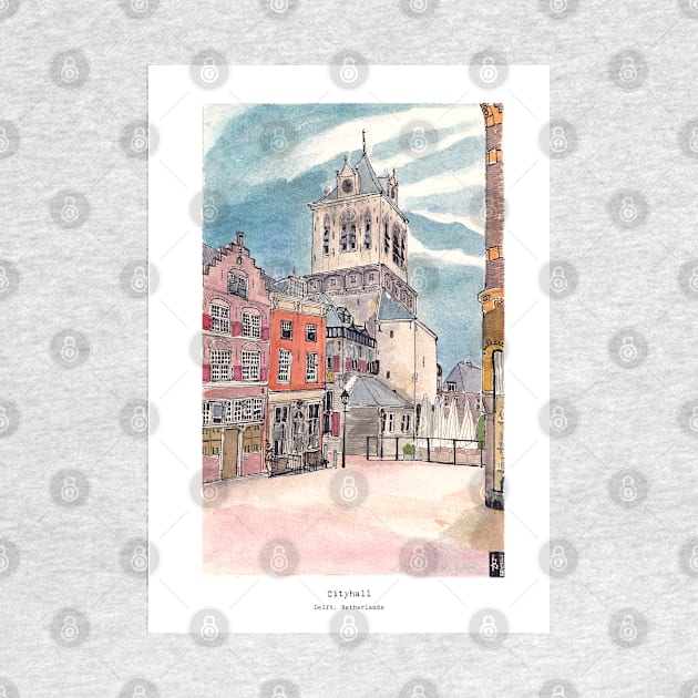 Cityhall Delft Netherlands Watercolor Illustration by Wall-Art-Sketch